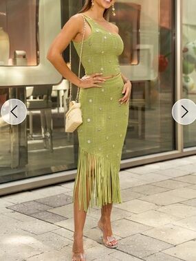 One-Shoulder Olive Green Fringe Knit Dress with Embellishments